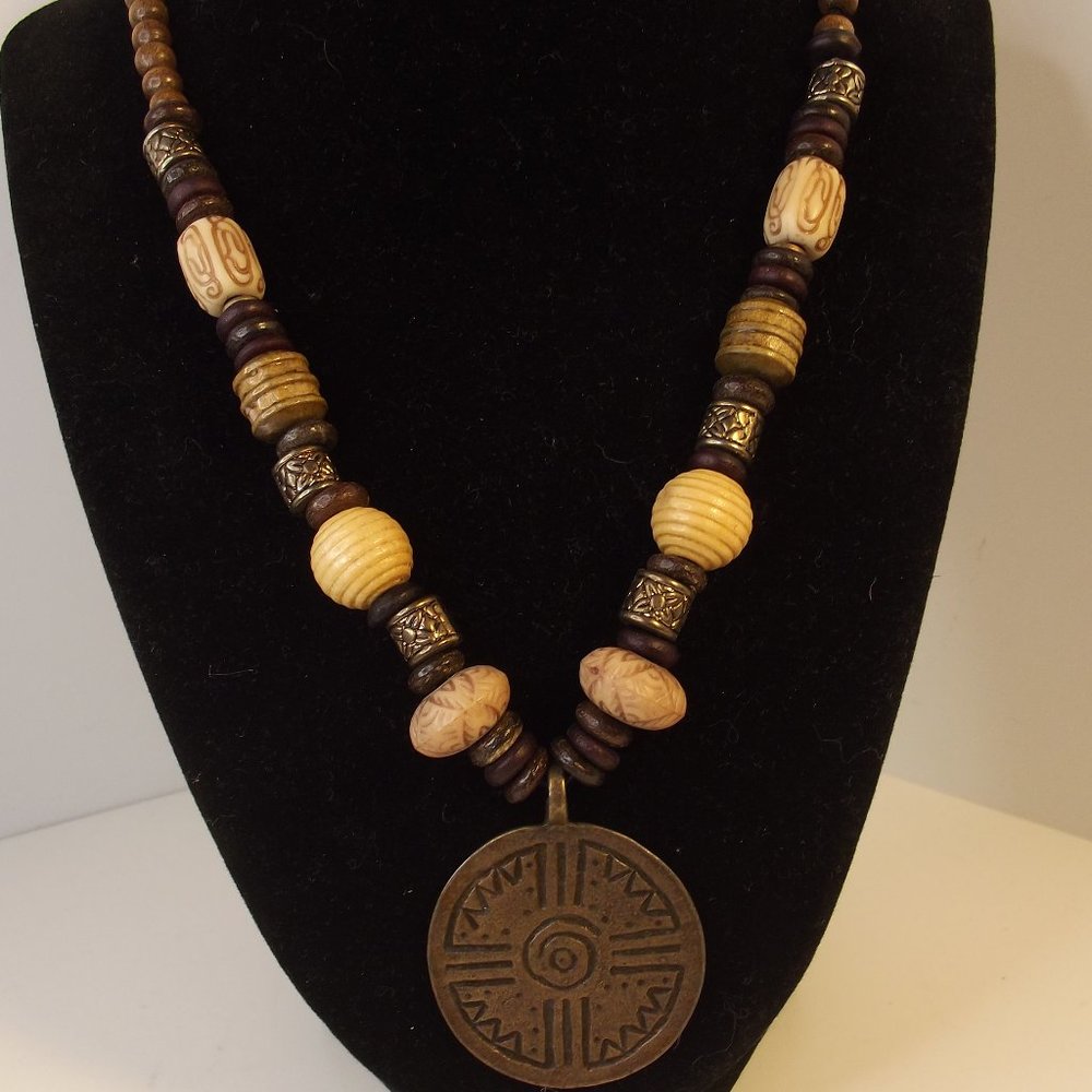 Boho Tribal Beaded Necklace Brass Pendant Black Cord Artisan